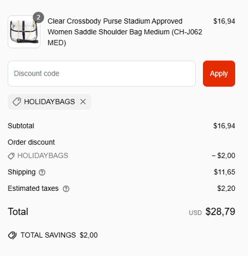 proof of working Clear Handbags & More coupon codes HOLIDAYBAGS