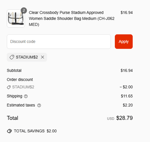 proof of working Clear Handbags & More coupon codes STADIUM$2