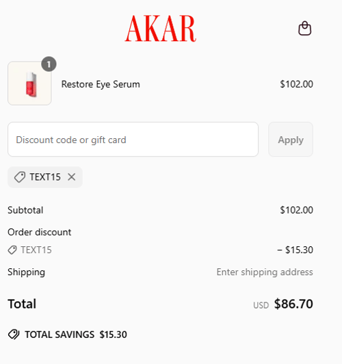 proof of working AKAR Skin coupon codes TEXT15