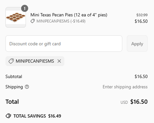 proof of working Millican Pecan discount codes MINIPECANPIESMS