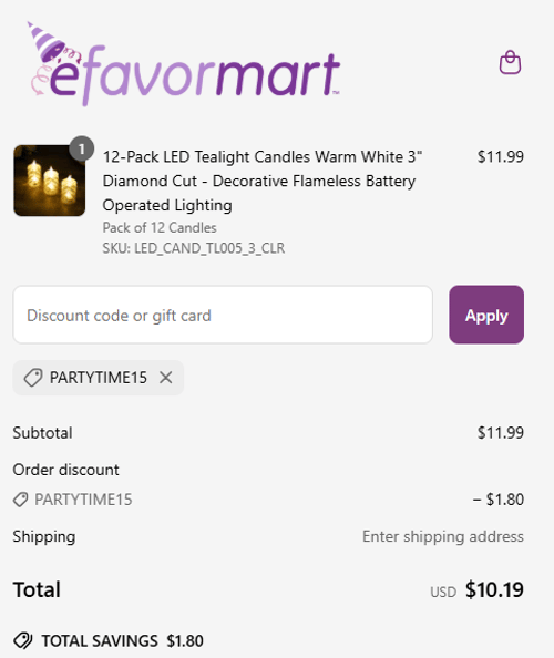 proof of working eFavormart discount codes PARTYTIME15