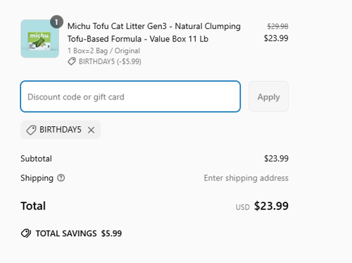 proof of working MichuPet promo codes BIRTHDAY5