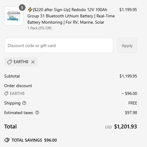 proof of working Redodo Power coupon codes EARTH8