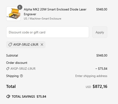 proof of working AlgoLaser discount codes AYGP-5RUZ-L9UR