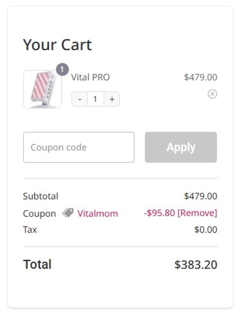 proof of working Vital Red Light discount codes VITALMOM