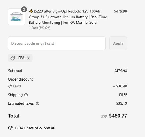 proof of working Redodo Power coupon codes LFP8