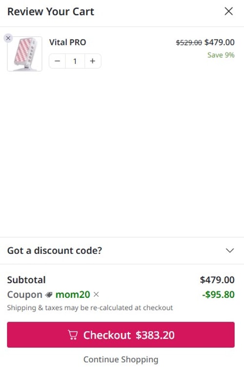 proof of working Vital Red Light discount codes MOM20