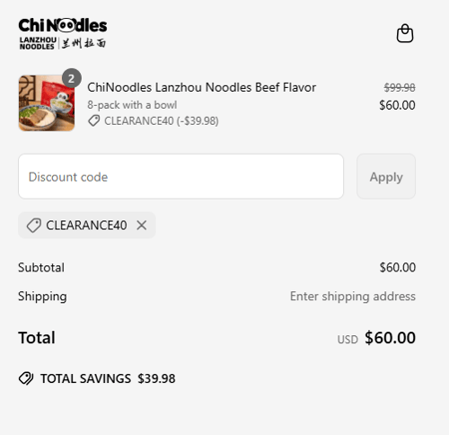 proof of working ChiNoodles coupon codes Clearance40