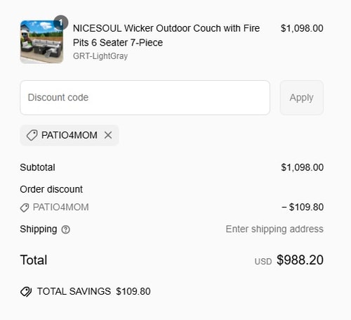 proof of working Nicesoul Furniture discount codes PATIO4MOM