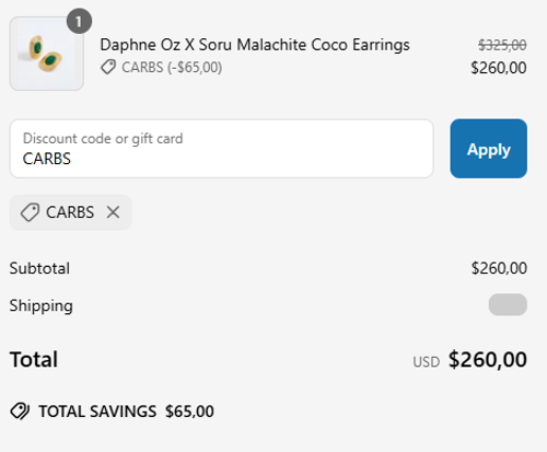 proof of working SORU JEWELLERY discount codes CARBS