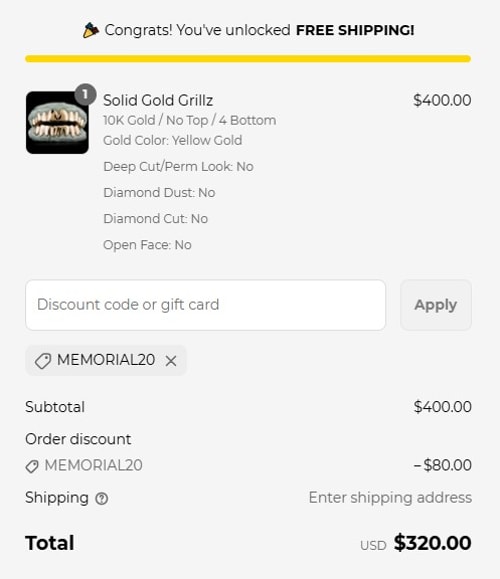 proof of working Custom Gold Grillz discount codes memorial20