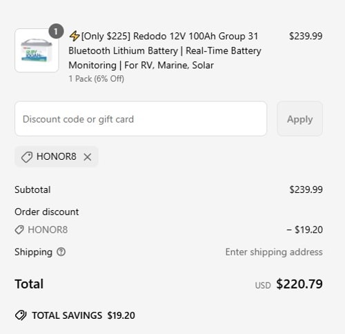 proof of working Redodo Power coupon codes HONOR8
