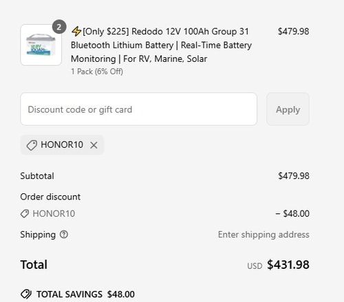proof of working Redodo Power coupon codes HONOR10