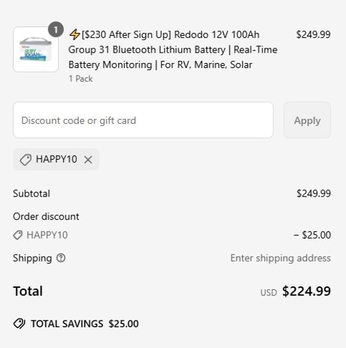 proof of working Redodo Power coupon codes HAPPY10