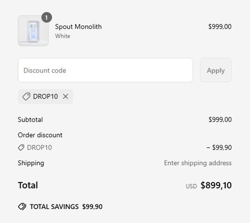 proof of working Spout Water discount codes Drop10