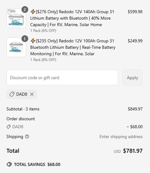proof of working Redodo Power coupon codes DAD8