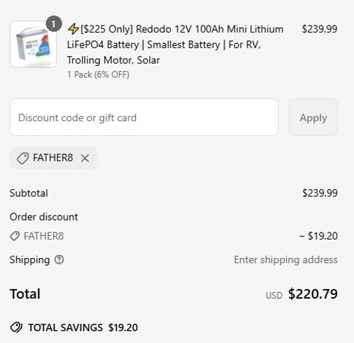 proof of working Redodo Power coupon codes FATHER8
