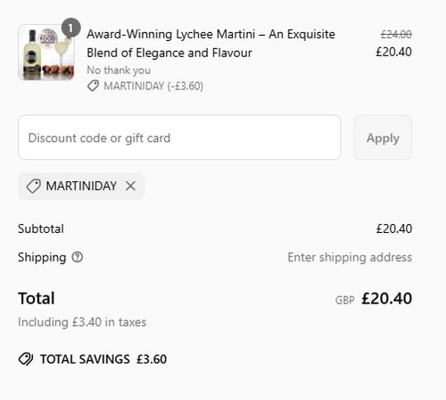 proof of working Bottle Bar and Shop discount codes MARTINIDAY
