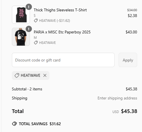 proof of working PARIA.CC discount codes HEATWAVE