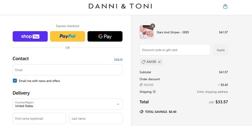 proof of working Danni & Toni coupon codes JULY20