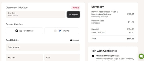 proof of working Harvest Hosts discount codes HOTDOG25