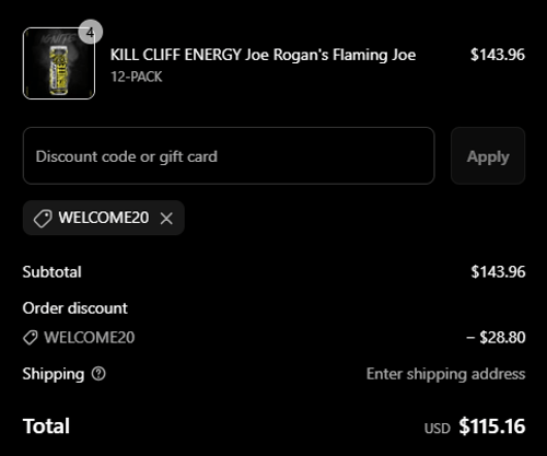 proof of working Kill Cliff discount codes WELCOME20