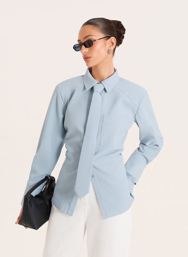 4th & Reckless Blue Cinched Waist Tie Detail Shirt Reviews