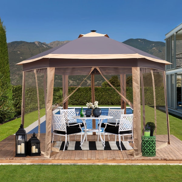 Ainfox 12'x12' Hexagonal Outdoor 2-Tier Pop up Gazebos Canopy with Solar Led Light Sheters with Mosquito Netting Review