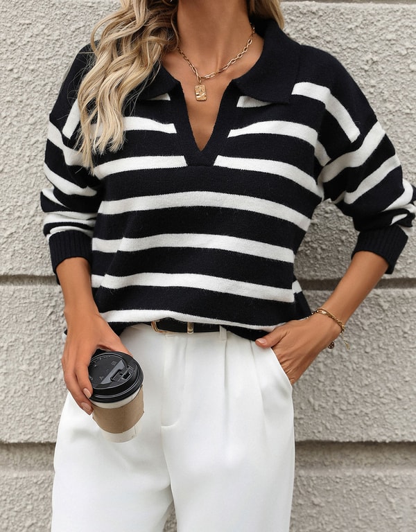 Alsol Lamesa Women's V-neck long-sleeved striped knitted pullover sweater Review