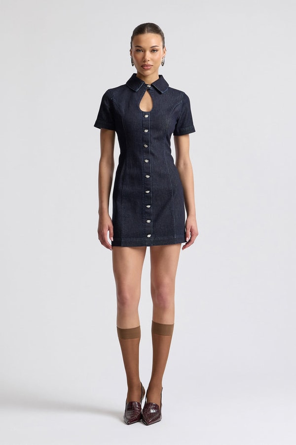 Avec Les Filles Stretch Denim Collared Keyhole Mini Dress Review