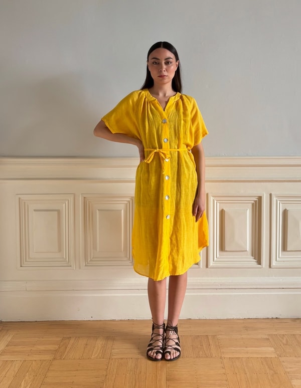 Soukra Linen Button-Front Dress with Belt in Sun Yellow Review