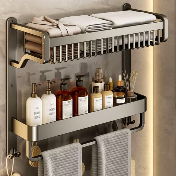 Bathroom Deco 2-Tier Bathroom Wall Shelf with Towel Bar and Hooks 57x42 Review