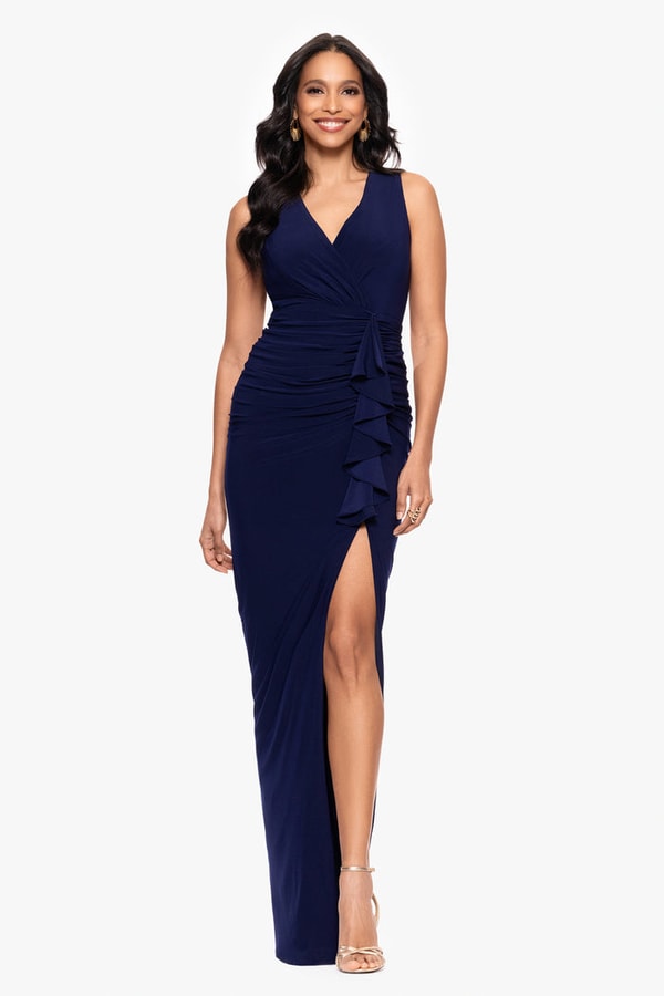 Betsy & Adam Petite "Bobbi" Ruffled V-Neck Gown Review