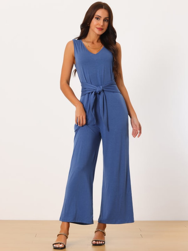 Bubl&eacute;don Sleeveless Tie Waist Stretchy Wide Legs Jumpsuits with Pockets Review