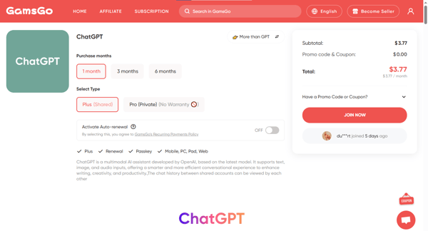 GamsGo ChatGPT Plus Review