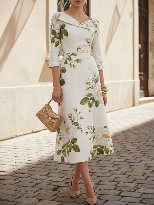 Chillinen Midi Linen Dress, Half Sleeve, Shawl Collar, Floral, Button Design Review