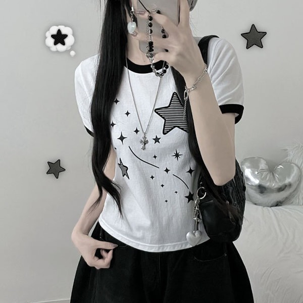 Codibook Star Patch Ringer Color Block Semi-Crop Short Sleeve T-shirt レビュー