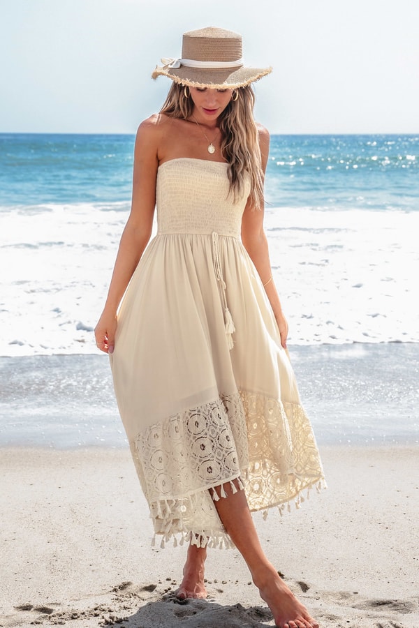 CUPSHE Sand Smocked Tassel Tie Tube Dress Review