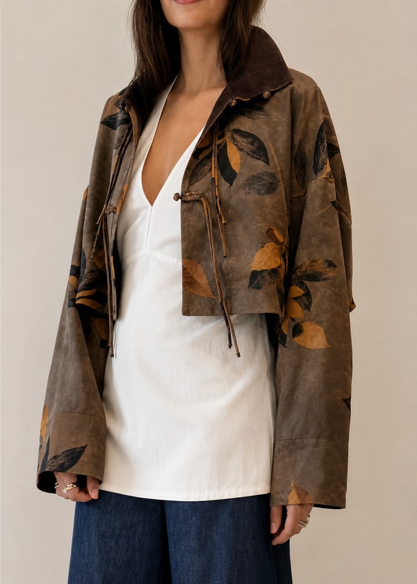 DA LUNA London Taupe Botanical Print Silk Cropped Jacket Review