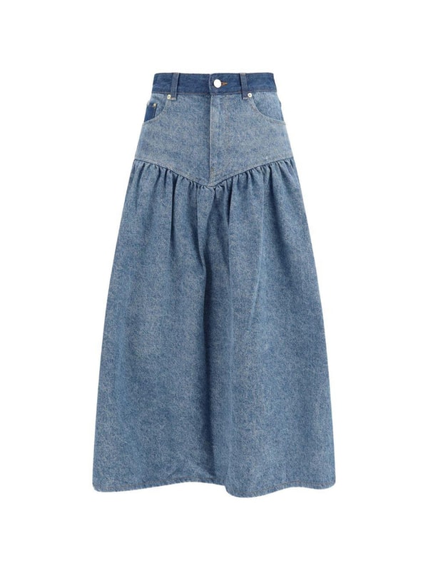 GANNI Cotton Denim Midi Skirt With Combined Seam Detail and Ruffles Review