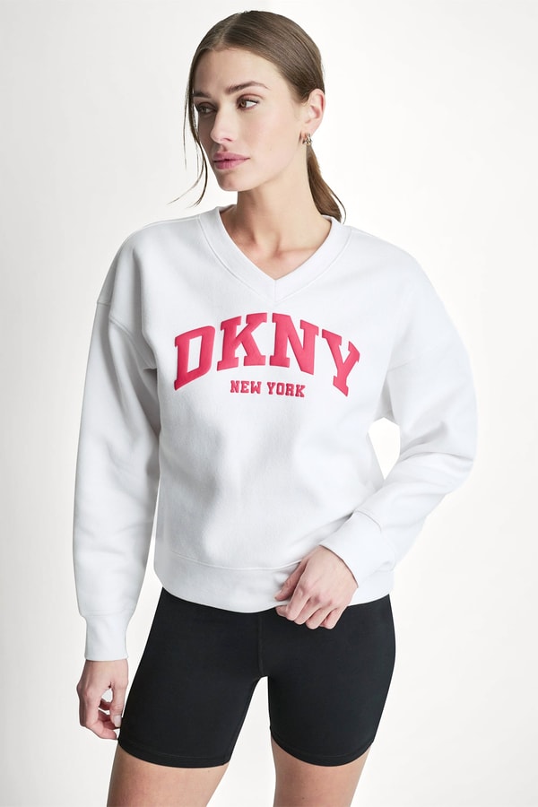 DKNY Puff Varsity Logo V Neck Pullover Review