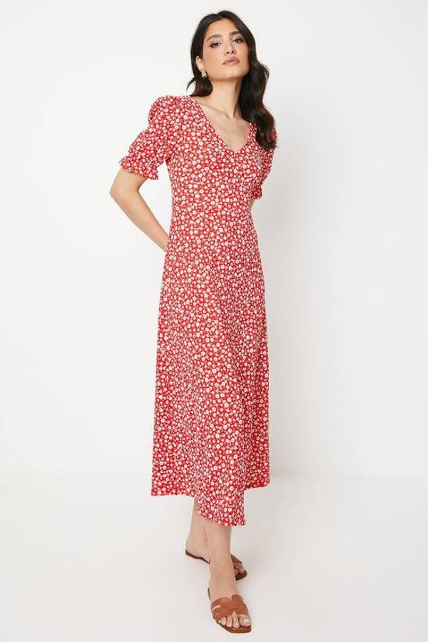 Dorothy Perkins Red Ditsy V Neck Short Sleeve Jersey Midi Dress Review