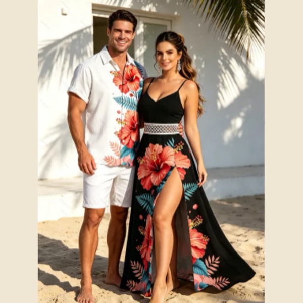 Dresslily Vacation Couple Outfit Hibiscus Floral Leaf Print Review