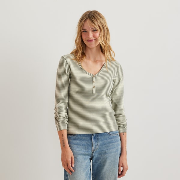 Eddie Bauer Women's Long-Sleeve Ribbed Henley T-Shirt Stripe Reviews