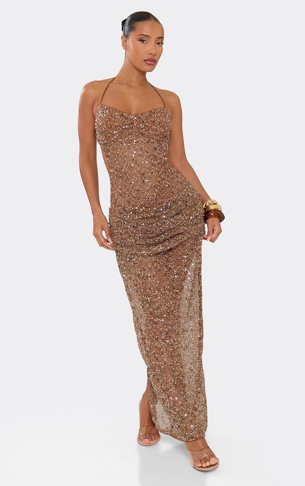 EGO Halterneck Ruched Draped Detail Maxi Dress In Brown Crochet Sequin Review