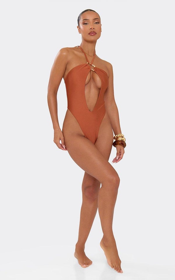 EGO Halterneck Trim Detail High Leg Swimsuit In Orange Metallic Review