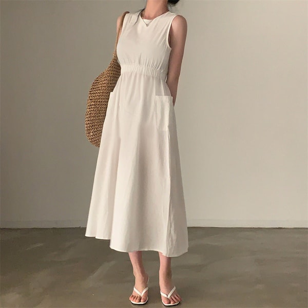 FAIRY PEONY Solid Color Round Neck Pocket Maxi Dress Review
