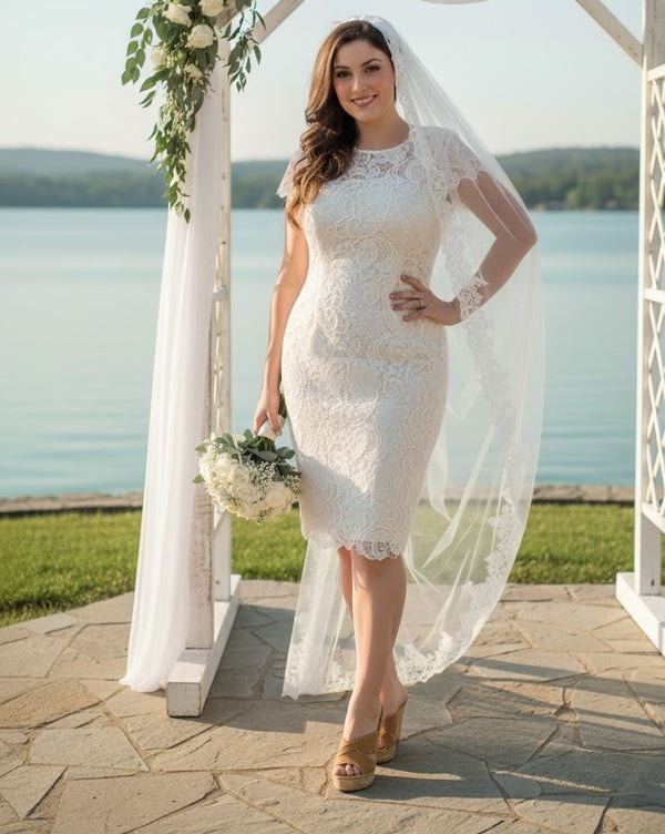 Formal Dress Shops Short Sleeve Ivory Wedding Dress Modest Lace Knee Length Bridal Attire Review