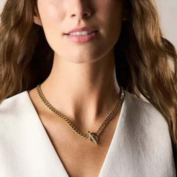 Fossil Carlie T-Bar Pav Gold Tone Stainless Steel Toggle Necklace Ulasan