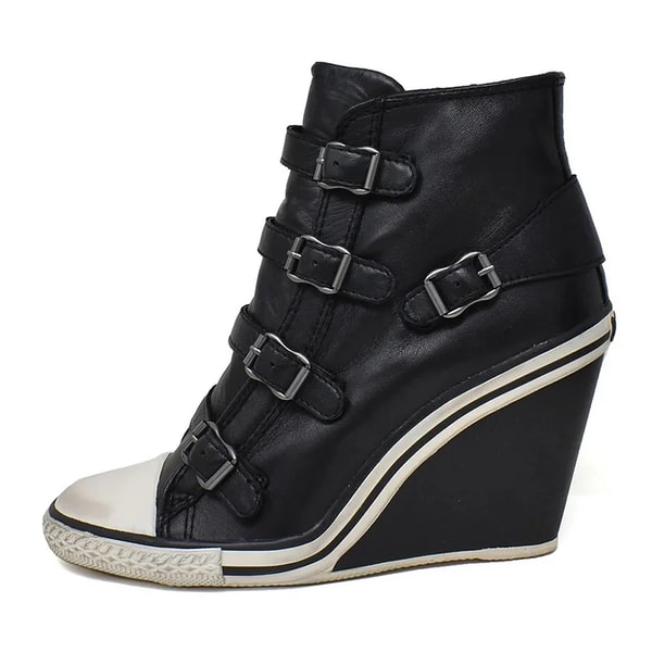 FSJ SHOES Custom Made Black Round Toe Multi Buckle Sneaker Wedge Boots Review